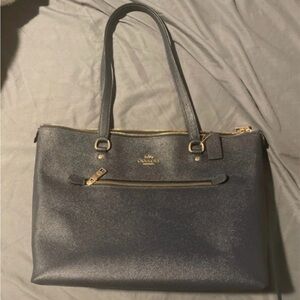 Coach Navy Leather Tote with Gold Accents